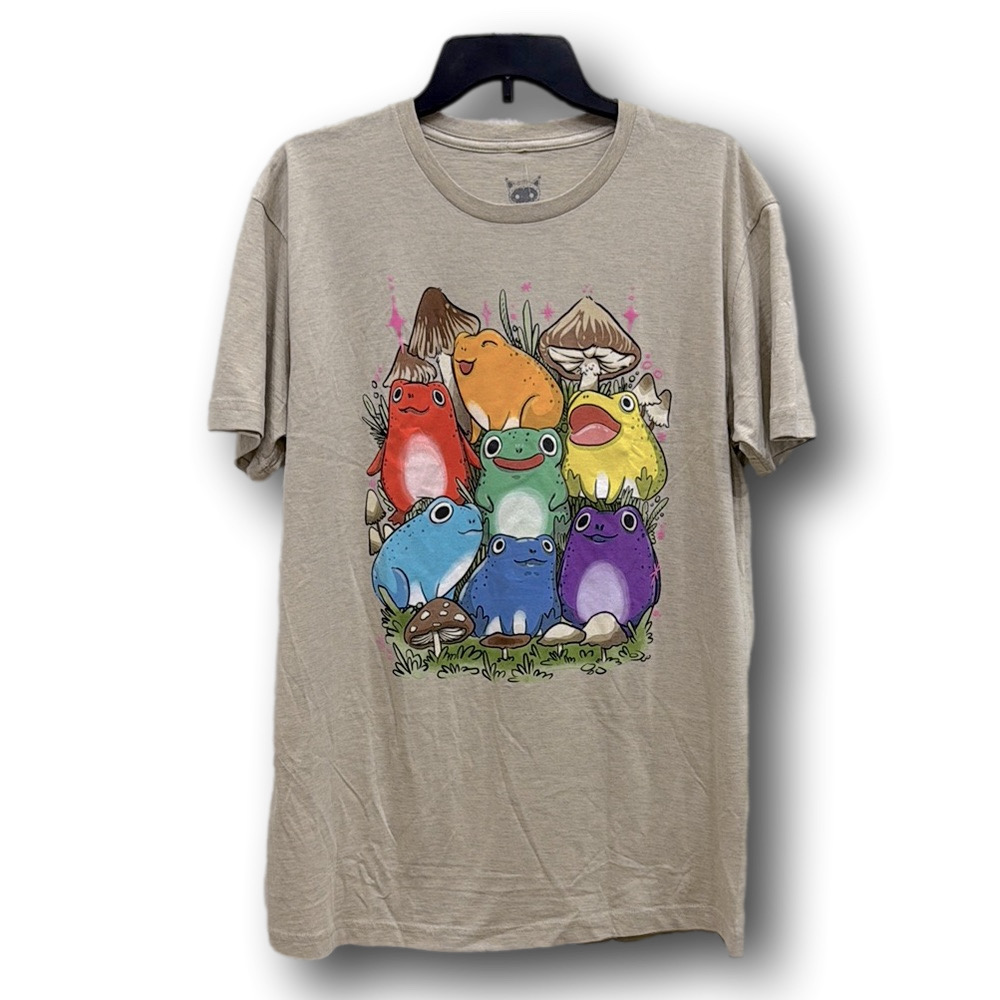 Rainbow Frogs & Mushrooms Graphic T-Shirt - Size Large - NWT